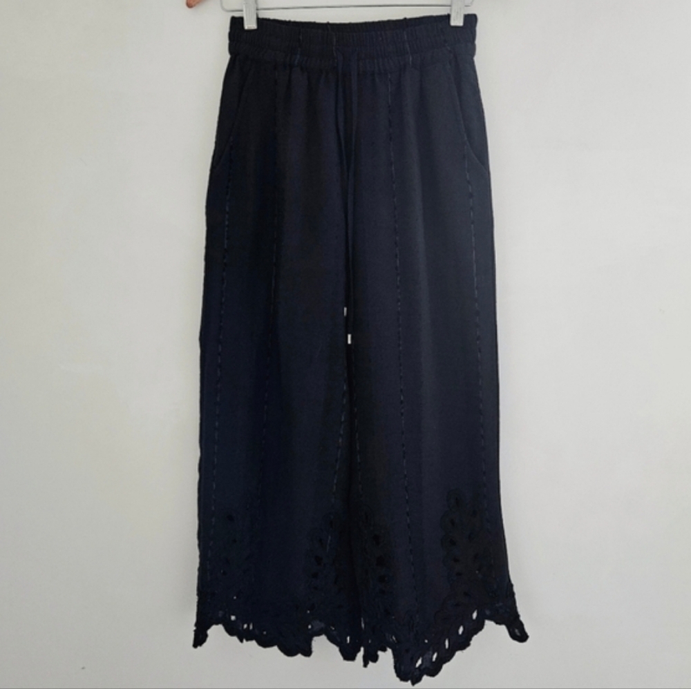 Scarlett Poppies Black Crochet Embroidered Drawstring Wide Leg Pants